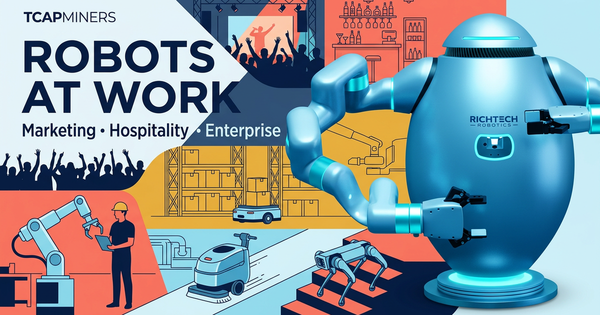Ice-blue ADAM service robot with scenes representing marketing, hospitality, logistics, manufacturing, cleaning, and inspections
