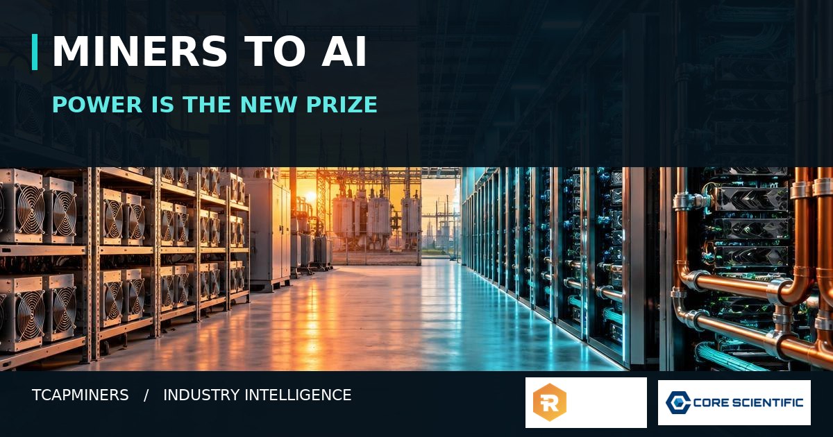 ASIC mining racks transitioning into liquid-cooled AI servers, with Riot Platforms and Core Scientific logos